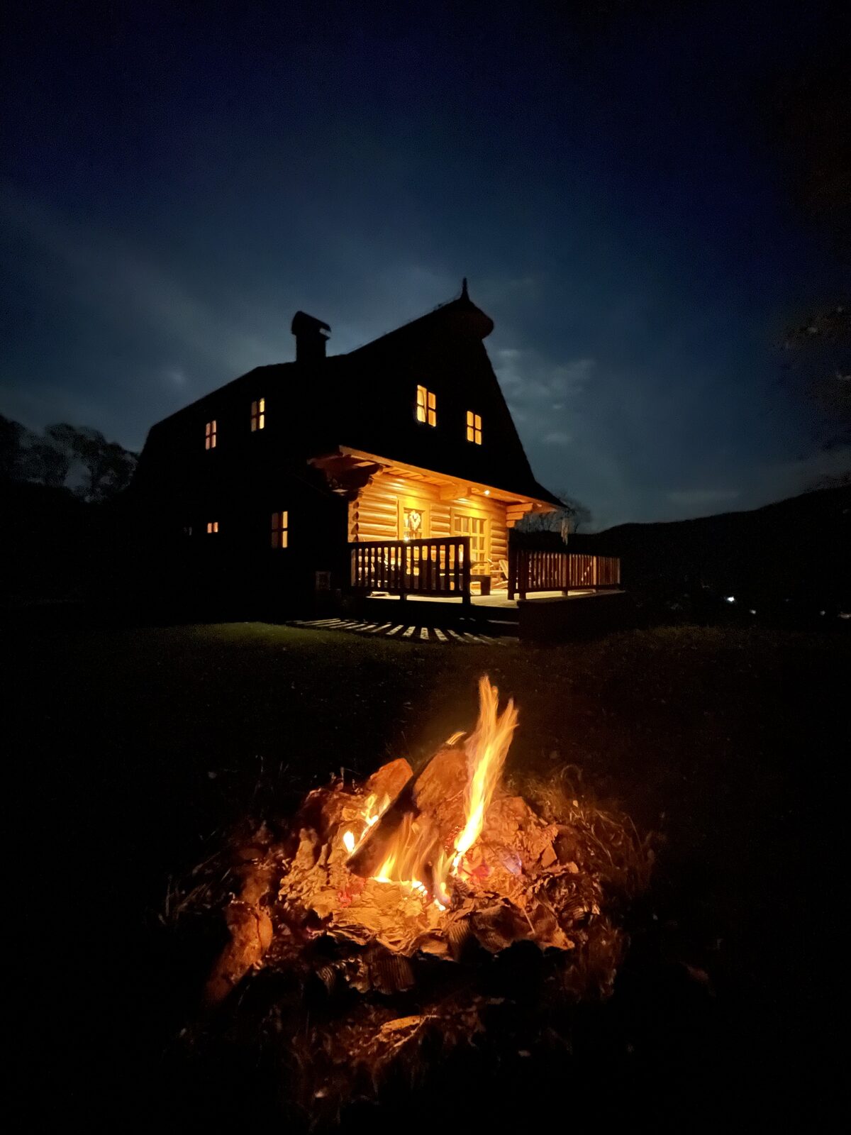 Outdoor fireplace at night