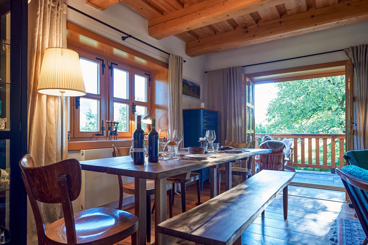 Set dining table with a view of the mountains